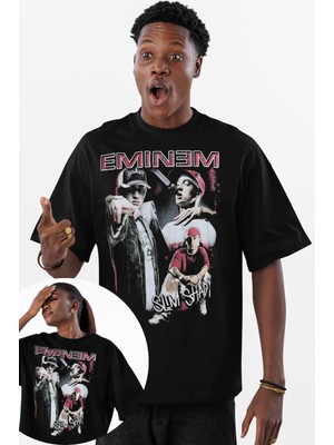 Fuddy Moda Unisex Vintage Eminem Rap Baskılı Siyah Tişört, Oversize Rapper Temalı Bisiklet Yaka T-Shirt