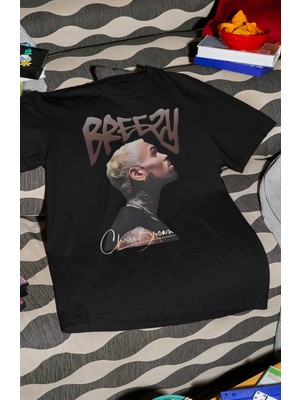 Fuddy Moda Unisex Breezy Yazılı Tişört, Oversize Chris Brown Imza Baskılı Bisiklet Yaka T-Shirt