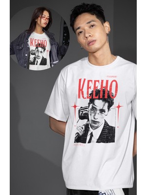 Fuddy Moda Unisex Keeho Baskılı Tişört, Oversize P1HARMONY Kpop Band Temalı Beyaz T-Shirt