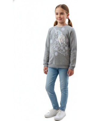 Cichild Kız Çocuk Gri Unicorn Baskılı Pullu Nakış İşlemeli Sweatshirt