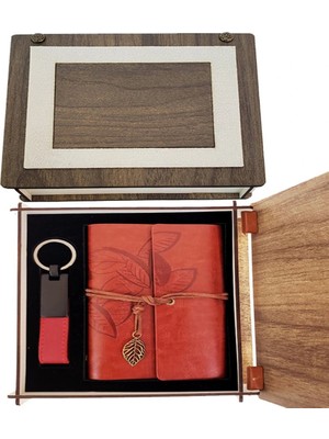 Epilons Özel Ahşap Kutulu Kiremit Rengi Deri Defter ve Anahtarlık Set