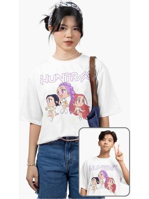Fuddy Moda Unisex Huntr/x Sevimli Karakterler Baskılı Tişört, Oversize Kpop Demon Hunters Temalı T-Shirt