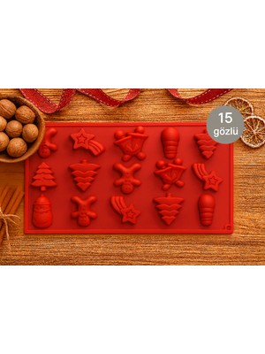 Nesto Home 15 Gözlü Yeni Yıl Temalı Silikon Kek Kalıbı,yanmaz Yapışmaz Noel Mini Kek Kalıbı