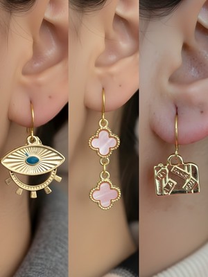 NKT Collection Bavul Pembe Yonca Göz Sembol Figürlü 3’lü Kadın Küpe Set