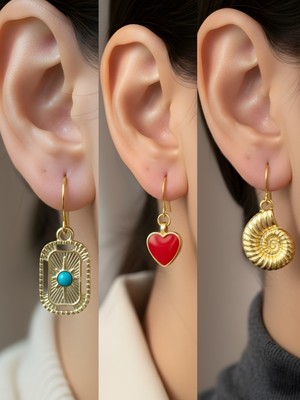 NKT Collection Deniz Kabuğu Tablet Kutup Yıldızı Kırmızı Kalp Sembol Figürlü 3’lü Kadın Küpe Set