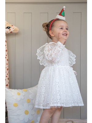 Alyra Kids Kız Bebek Elbise Çocuk Elbise Doğum Günü Parti Düğün Fırfırlı Dantelli Uzun Kol Astarlı Fermuarlı Elbise Beyaz HB0340