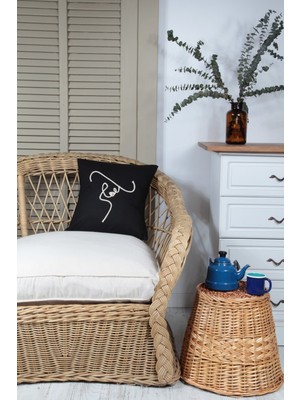 Bedinn Boho Kırlent Kılıfı Şapkalı Kadın Çizgi Sanatı Siyah, Tek Çizgi Sanatı, Minimalist Çizim 45x45 Cm