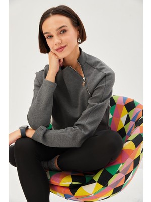 Allyco Scuba Kumaş Dik Yaka Fermuar Detaylı Antrasit Regular Örme Sweatshirt