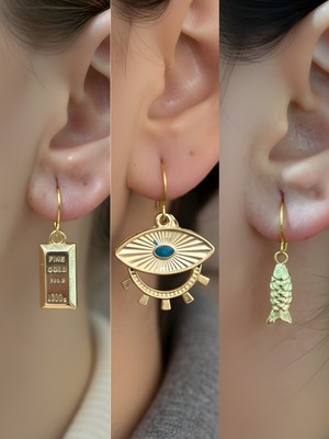 NKT Collection Balık Göz Külçe Altın Sembol Figürlü 3’lü Kadın Küpe Set