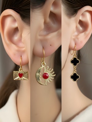 NKT Collection Siyah Yonca Ay Güneş Kalp Zarf Sembol Figürlü 3’lü Kadın Küpe Set