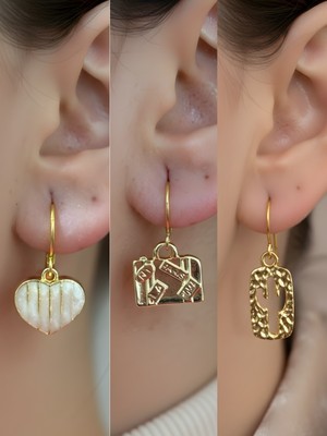 NKT Collection Kaktüs Beyaz Kalp Bavul Sembol Figürlü 3’lü Kadın Küpe Set