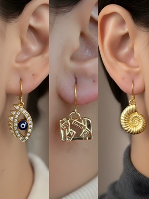 NKT Collection Deniz Kabuğu Bavul Nazar Göz Sembol Figürlü 3’lü Kadın Küpe Set