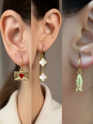 NKT Collection Balık Beyaz Yonca Kalp Zarf Sembol Figürlü 3’lü Kadın Küpe Set