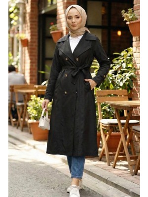 Kadın Içi Astarlı Kuşaklı Düğmeli Siyah Bondit Trençkot