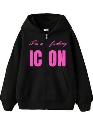 Sokak Butik Icon Baskılı Fermuarlı Zip Kapüşonlu Unisex Siyah Sweatshirt