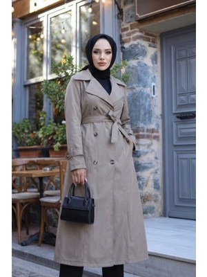 Kadın Içi Astarlı Kuşaklı Düğmeli Bej Bondit Trençkot