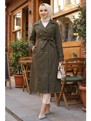 Kadın Içi Astarlı Kuşaklı Düğmeli Haki Bondit Trençkot