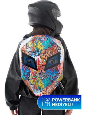 Zampago LED Göz Maskeli Grafiti Akıllı Sırt Çantası – USB Şarj Girişli, Sert Kasa, 10.000 mAh Powerbank Hediyeli