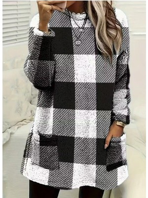 Kadın Uzun Kollu Yarı Balıkçı Yakalı Cep Detaylı Ekoseli Dokuma Tunik