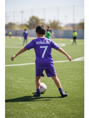 Halı Saha Forma Çocuk Beyaz Çoraplı Mor Ronaldo 2017 Real Madrid Alt Üst Takım Şortlu