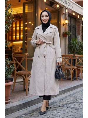 Kadın Içi Astarlı Kuşaklı Düğmeli Vizon Bondit Trençkot