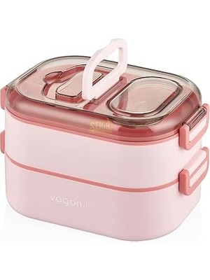 SanalAMCA Store Vagonlife Bento 1000ML Lunchbox Çift Katlı 3 Bölmeli Çelik Sefer Tası Yemek Kutusu (Pembe)