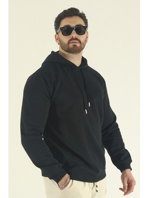 EYDAMOON Erkek Siyah Kışlık Regular Içi Pamuklu Kapüşonlu Sweatshirt