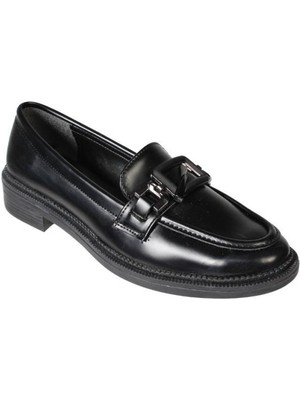 Yaz Kış Ayakkabı Yazkış Kadın Siyah Cilt Üzeri Tokalı Kolej Klasik Ayakkabı