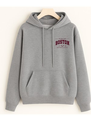 EYDAMOON Unisex Kışlık Gri Boston Baskılı Regular Fit Kapüşonlu Sweatshirt