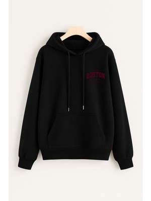 EYDAMOON Unisex Kışlık Minimalist Boston Baskılı Regular Pamuklu Kapüşonlu Sweatshirt