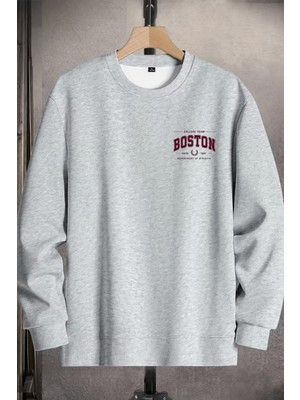 EYDAMOON Unisex Kışlık Minimalist Boston Baskılı Sweatshirt Gri Regular Fit Desenli