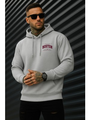 EYDAMOON Erkek Kışlık Boston Baskılı Kapüşonlu Sweatshirt Gri Renk Düz Desen ile Rahat Fit
