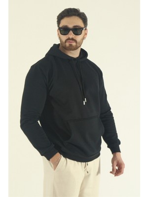 EYDAMOON Erkek Siyah Kışlık Relax Fit Pamuklu Kapüşonlu Kanguru Cepli Sweatshirt