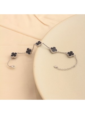 Paslanmaz Çelik Mini Yonca Modeli Gümüş Renk Unisex Çelik Bileklik - 17+5 cm Uzunluk