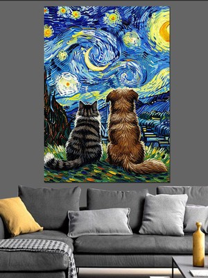 Karizma Tablo Van Gogh Yıldızlı Gece Soyut Kedi ve Köpek Dekoratif Kanvas - Mdf Ahşap Tablo