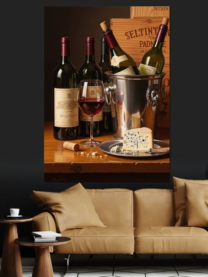 Tablomega Şarap Şişesi Kadeh Çizimi Dekoratif Kanvas - Mdf Ahşap Tablo