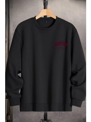 EYDAMOON Unisex Kışlık Minimalist Boston Baskılı Regular Pamuklu Bisiklet Yaka Sweatshirt