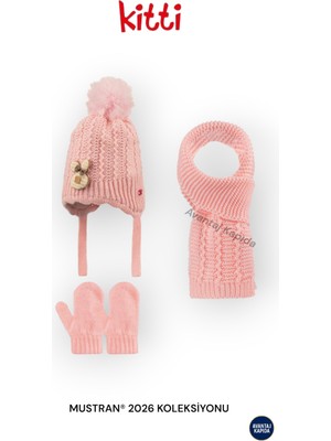 Mustran Kitti 0-18 Ay Kız Bebek 3’lü Set Bere Atkı Eldiven Polar İçli Triko Kışlık | Yeni Sezon 2026