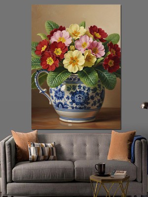 Tablomega Çiçekli Vazo Natürmort Dekoratif Kanvas - Mdf Ahşap Tablo