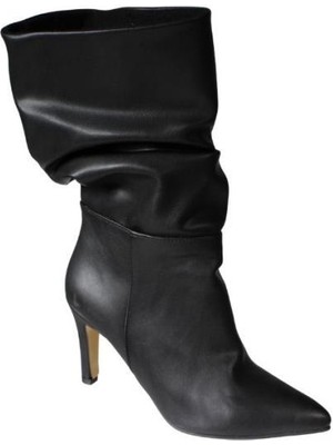 Yaz Kış Ayakkabı Yazkış Kadın Siyah Cilt 25CM Bilek Boyu 9cm Ince Topuk Sivri Burun Çizme