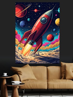 Tablomega Uzay Roketi Renkli Çizim Dekoratif Kanvas - Mdf Ahşap Tablo