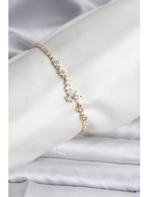 Stillove Çiçekli Model Zirkon Taşlı Gold Renk Su Yolu Kadın Bileklik