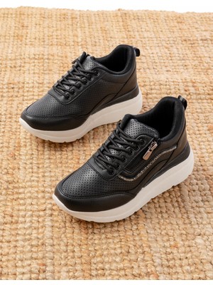 Zerenyus ZRİN-207 Premium Siyah Bağcıklı Fermuarlı Taş Aksesuarlı Kadın Sneaker