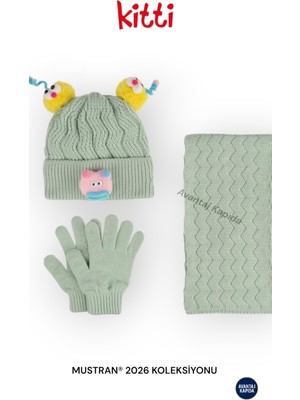 Mustran Kitti 4–8 Yaş Kız Erkek Çocuk Bere Atkı Eldiven 3’lü Kışlık Set | Polar İçli Triko | Yeni Sezon 2026