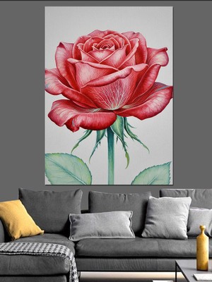 Tablomega Kırmızı Gül Çiçek Çizimi Dekoratif Kanvas - Mdf Ahşap Tablo