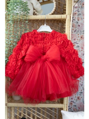 Alyra Kids Kız Bebek Elbise Uzun Kollu Fiyonklu 3D Gül Aplikeli Doğum Günü Parti Düğün Özel Gün Pamuk Elbise