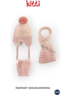 Mustran Kitti 4–8 Yaş Kız Erkek Çocuk Bere Atkı Eldiven 3’lü Kışlık Set | Polar İçli Triko | Yeni Sezon 2026