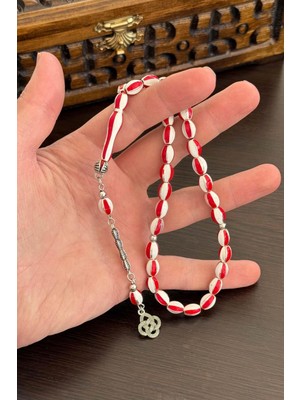 Tesbihkenti Kırmızı Beyaz Mine Taşlı Metal Tesbih