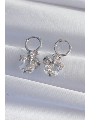 Pirinç Gümüş Renk Iri Zirkon Taşlı Fiyonk Model Halka Küpe - Lisinya