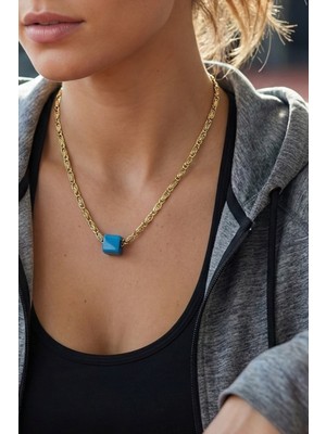 Modex Altın Sarısı Mavi Boncuk Detay S Zincir Kolye (40+5cm)